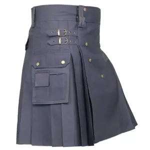 Men's Scottish Utility Kilt Cotton Cargo Pockets Skirt Highlander kilt Traditional Menswear Grey