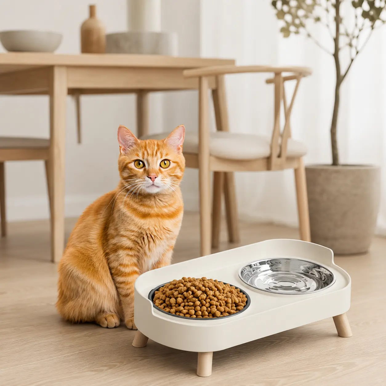 Elevated Cat Food and Water Bowl Set – Splash-Proof Raised Stand with 2 Stainless Steel Bowls for Indoor Cats and Puppies, Dishwasher Safe (White)