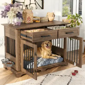 44.48" Large Dog Crate Furniture, Indoor Wooden Dog Kennel End Table with 2 Storage Drawers and Rotating Bowls, Decorative Pet Cage Dog House for Medium Dogs,Brown/White and Black