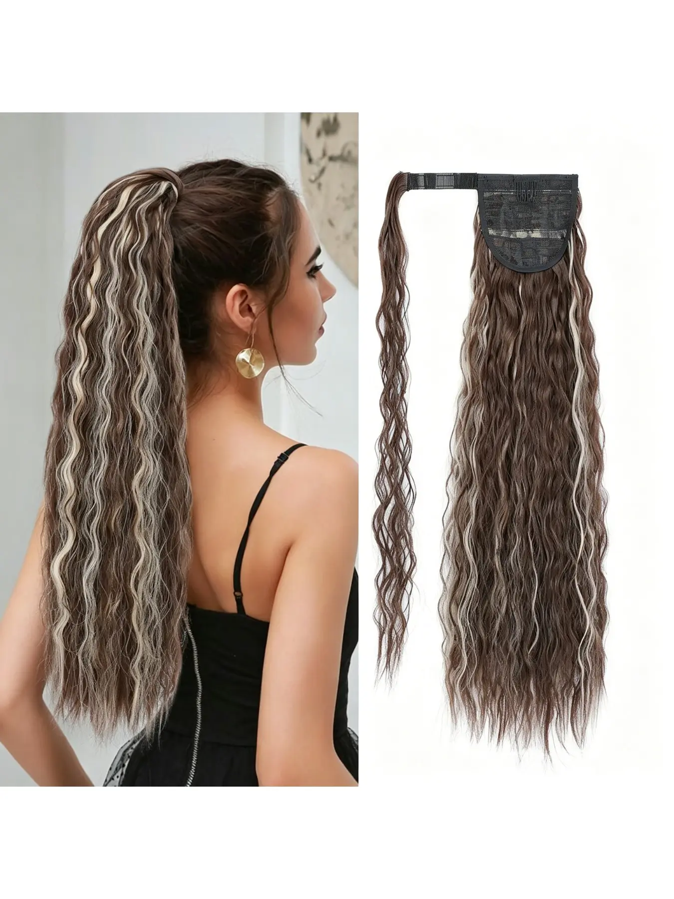 24-Inch Magic Tape Wrap Cornrow Extension Ponytail, Voluminous Natural Hair Growth, Long Wavy Water Wave Ponytail Wig for Women Daily Wear