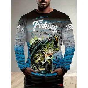 Men's fishing themed long sleeved T-shirt, 3D printed big mouth fish pattern, casual outdoor sports shirt, four season fit pattern topRAIMENTRY