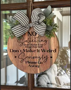 No Soliciting Door Hanger | Funny Door Sign | 2 Options to Choose From | Do Not Knock Front Door Hanger | Laser Engraved Wood Wreath | Housewarming Gift