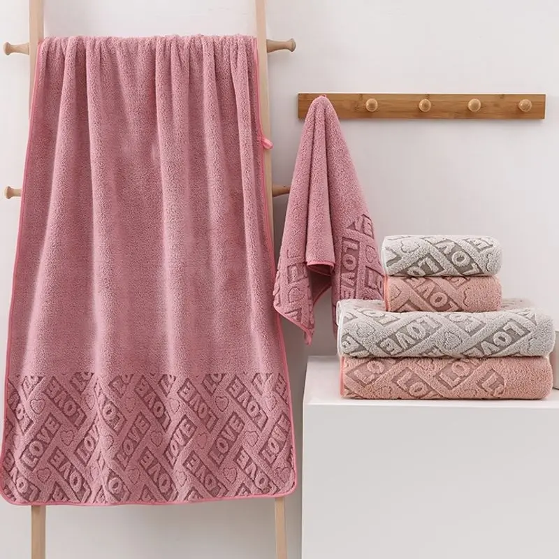 4-Piece LOVE Jacquard Towel & Bath Towel Set, Includes 2 Towels + 2 Bath Towels, Coral Fleece Ultra Soft & Highly Absorbent, For Home, Dorm & Bathroom Use
