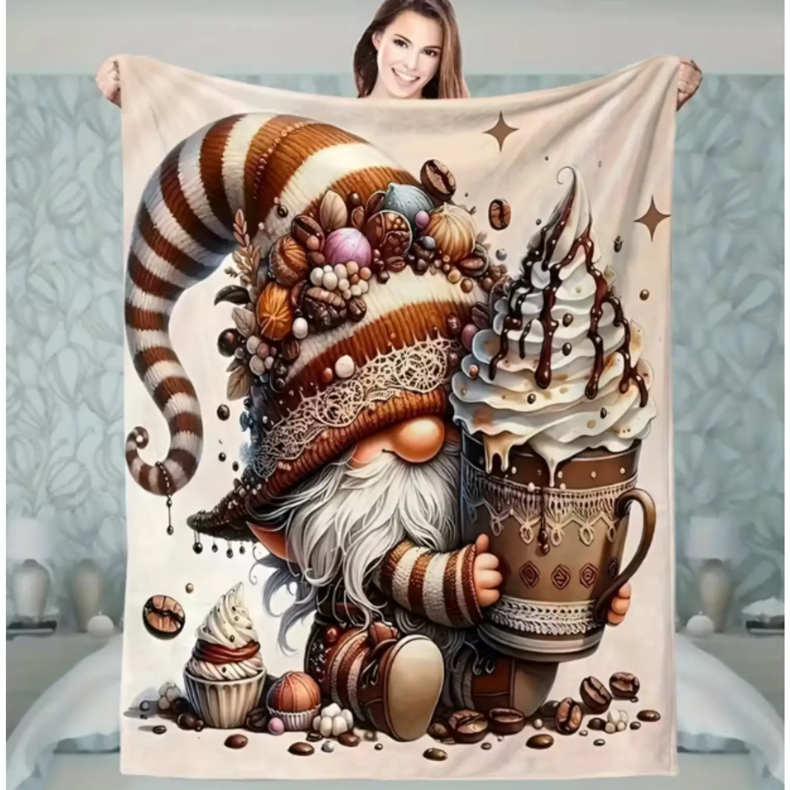 Soft Flannel Fabric Throw Blanket - Whimsical Gnome & Chocolate Dots Print, Cozy Beige/Brown Tones, All-Season, Machine Washable for Sofa, Bed, Room Decor, Home Supplies, Cozy Tones