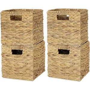 4 Pack 9" Wicker Storage Cubes, Water Hyacinth Baskets, Foldable Wicker Baskets, Storage Basket with Built-in Handles, Handwoven Natural Baskets for Shelves, Kitchen or Outdoor