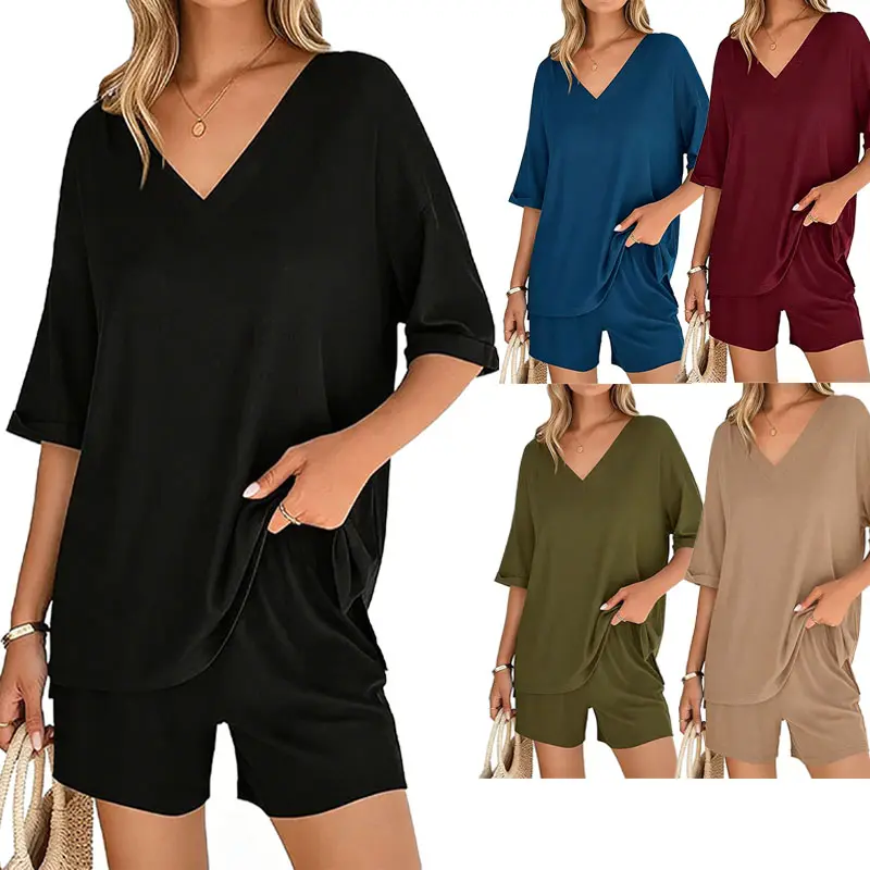 AUMNA 2026 Women's 2-Piece Soft Clothing Set, V-Neck Half-Sleeve Oversized Shirt & Shorts, Basic Casual Wear for Summer Travel Beach