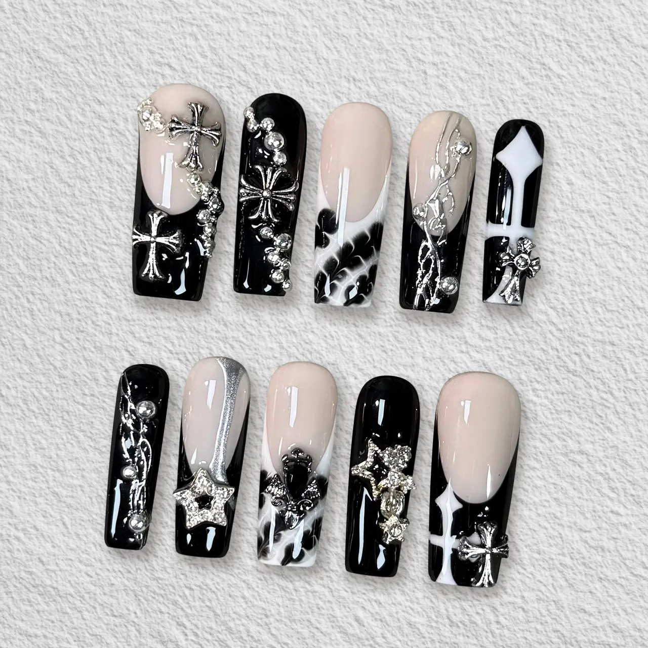 Pressmeon Handmade Press-on Nails | Holy Noir | Long Square Shape Collection | 3D Luxury Salon Quality | Reusable & Extra Durable | Eco Package