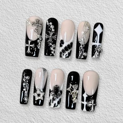 Pressmeon Handmade Press-on Nails | Holy Noir | Long Square Shape Collection | 3D Luxury Salon Quality | Reusable & Extra Durable | Eco Package