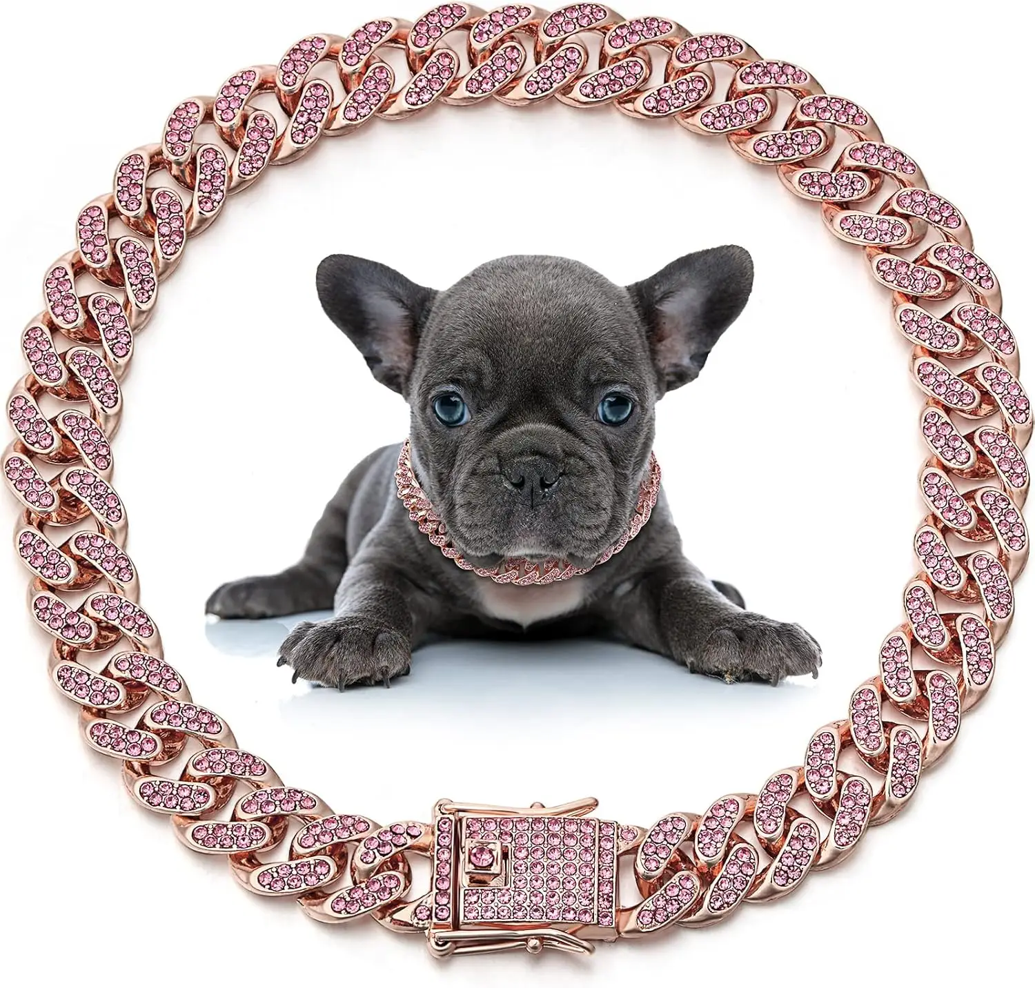 PetFusion Dog Chain Collar Diamond Link Puppy Collar 12 mm Wide Rose Gold Crystal Necklace Jewelry Accessories for Small Medium Large Pets 8 Inch Dura