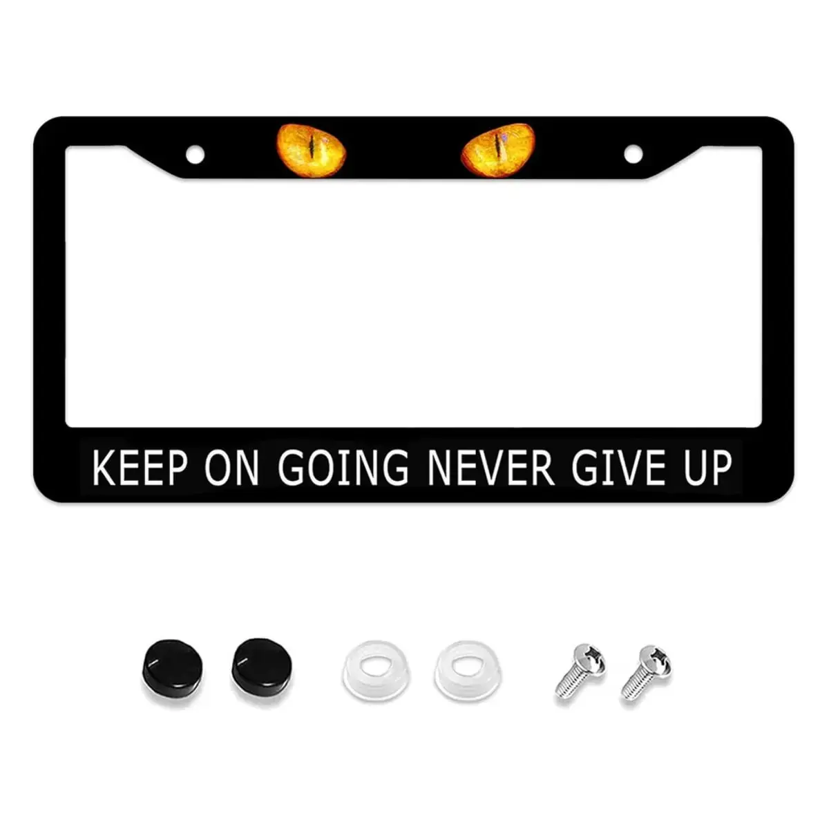 Cool Evil Eyes Inspirational License Plate Frame, Keep On Going Never Give Up Car Tag Holder, Black Aluminum Novelty Beast Cat Eyes Auto Plate Covers for Front Rear Plates with Screws Caps