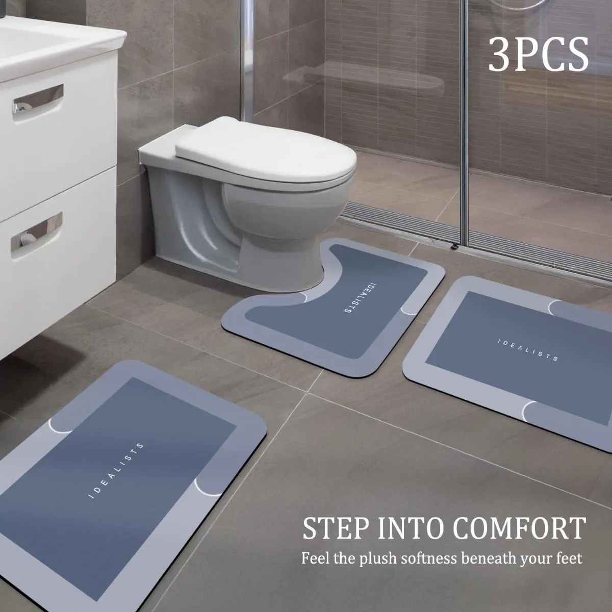 3PCS Simple Diatomium Mud Bathroom Floor Mat U-Shaped Light Luxury Absorbent Non-Slip Foot Mat Drain Mat Carpet Rug Set Diatomite Bath Mat