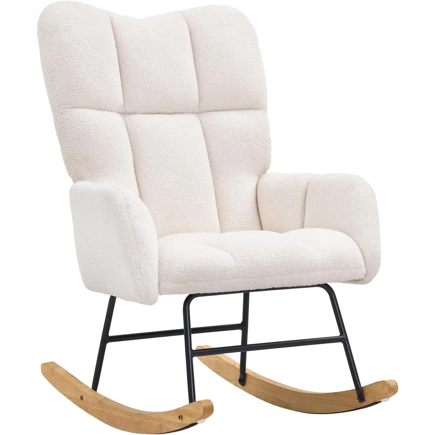 VEVOR Ergonomic Nursing Rocking Chair for Adults, Teddy Fabric-Upholstered Wood Glider with Thick Seat Cushion, Supportive High Backrest, Relaxing Stress Relief, 250 lbs Capacity, Assembly Required, Ivory White