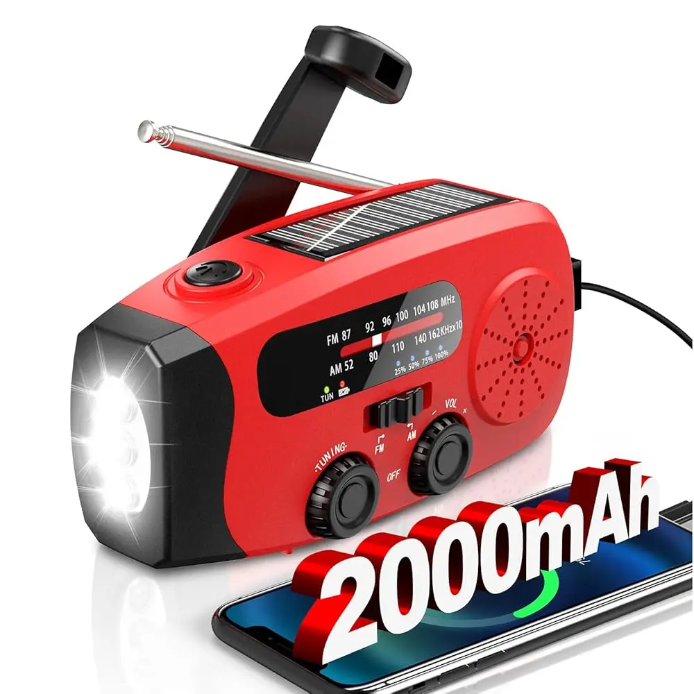 7400mWh Lightweight Solar Rechargeable Hand Crank Emergency Radio - AM/FM/NOAA Stations, 3 Super Bright High Lumen LED Flashlights, SOS Alarm, Emergency Kit for Outages, Camping Survival Gear