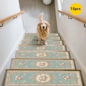 15pc European Vintage Floral Stair Treads Non-Slip Durable Home Carpet Self-Adhesive Anti-Skid Step Pads, No Glue Required
