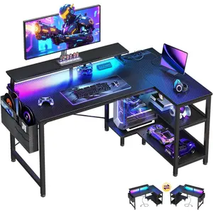 40 Inch Gaming Desk with USB Power Outlets and LED Lights, Reversible L Shaped  Desk with Storage Shelves &  Stand, Corner  Office Desk Table, Carbon Fiber Surface, Black