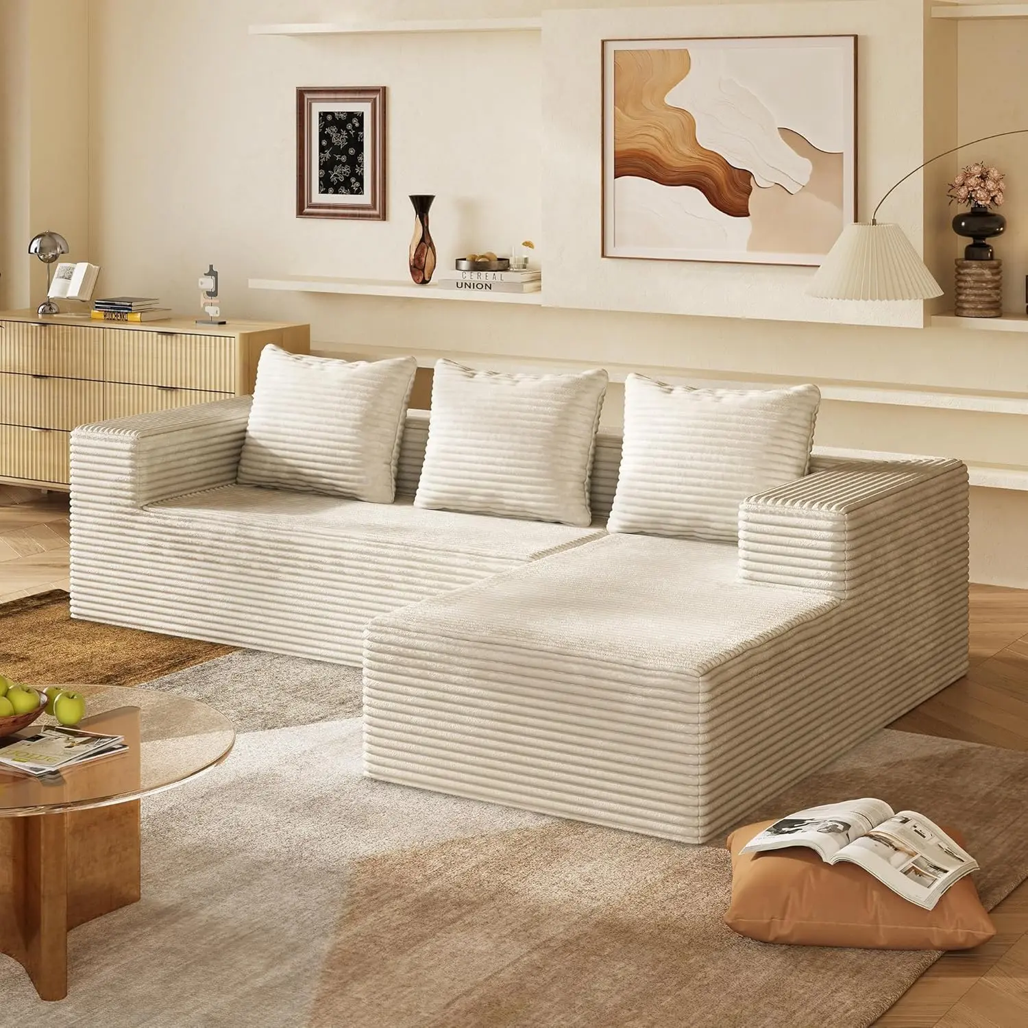 WLIVE 104'' L-Shaped Cloud Sectional Boneless Couch for Living Room, Left Chaise Modular Corduroy Sofa with Memory Foam Cushions, Beige, Ready-to-Use