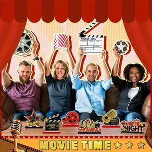 9-Piece Movie Night Party Decorations, Cinema Theme Wooden Table Centerpiece, Popcorn Star Ornament Set, Perfect for Home Decoration