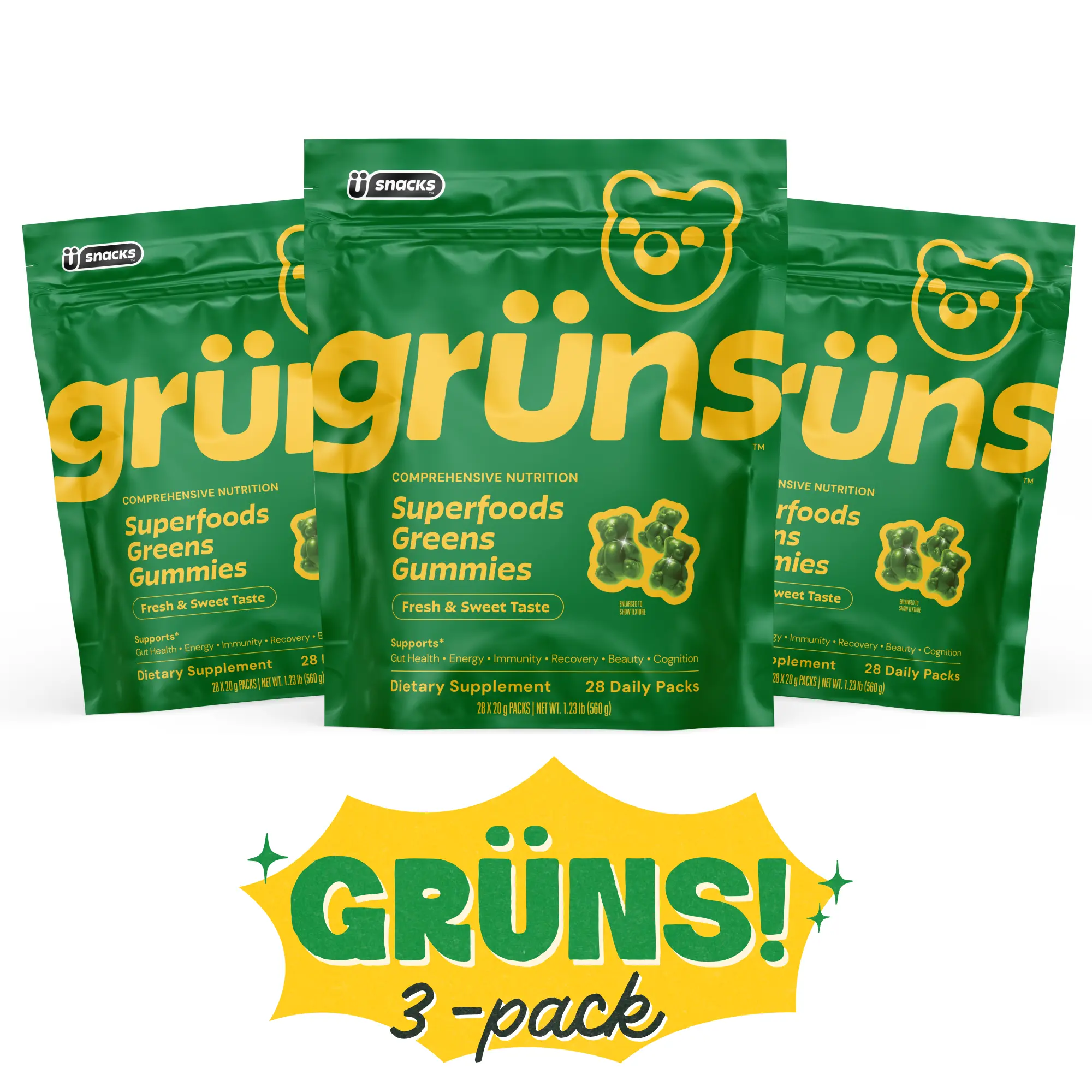 Grüns 3 Month Supply: Superfoods Greens Gummies with 60+ ingredients: Vitamins and Minerals, Prebiotics for Digestive Health, Adaptogens, Chlorophyll, Chlorella, Fruits and Vegetables, Gluten Free, Vegan, Third Party Tested
