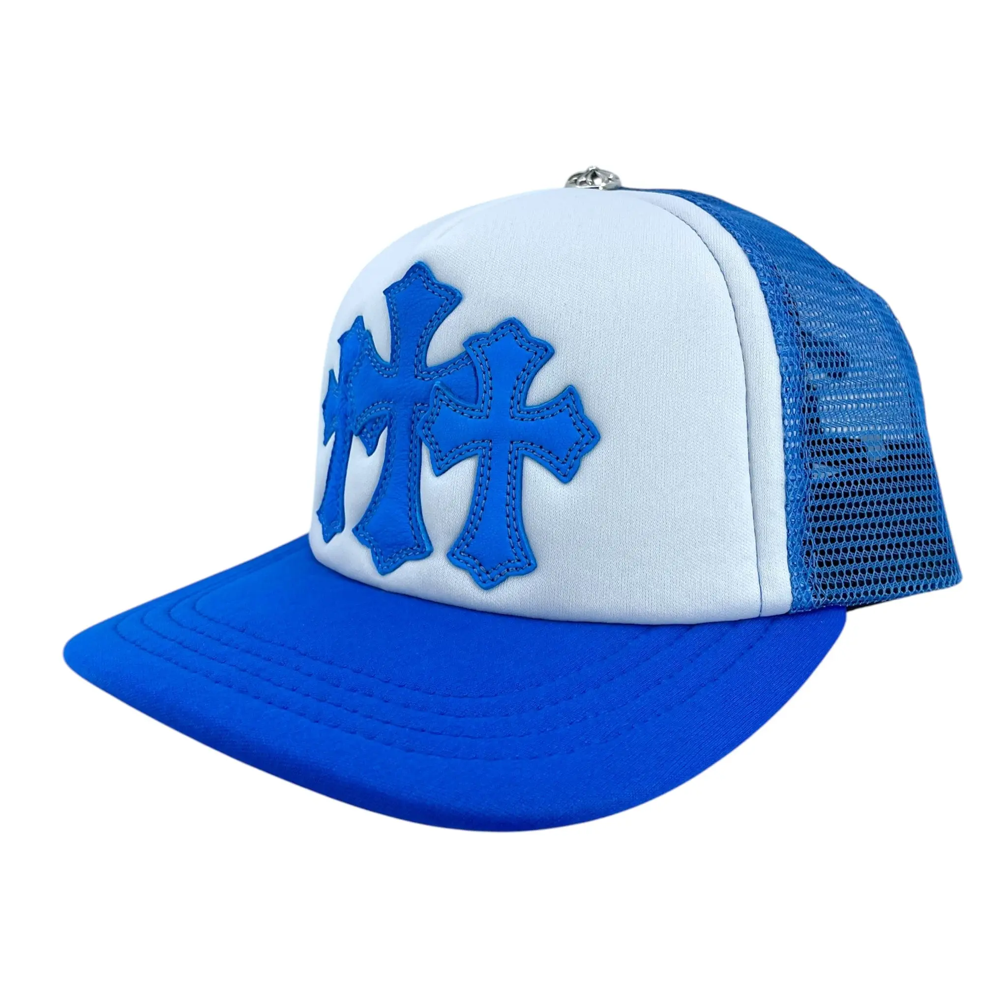 Chrome Hearts White-Blue Trucker Hat with Cemetery Theme Leather 