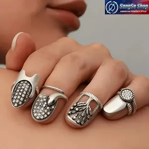 4-Piece Bohemian Vintage Nail Ring Set, Adjustable Open Design One Size Fits Most, Retro Elegant Fingertip Jewelry, Suitable for Daily Wear, Parties, Valentine’s Gifts & Year-Round Nail Decoration Accessories