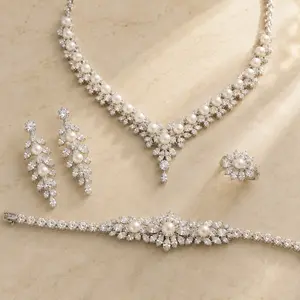 Pearl Jewelry Set Crown Necklace Earrings Bracelet Ring 4-Piece Set