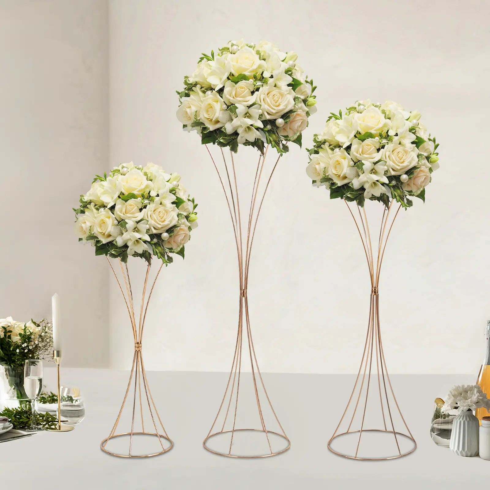 CNCEST Luxury Gold Metal Plant Stand Set - 3 Tall Cylinder Pedestal Racks, Hourglass-Design Floral Organiser for Event Displays, Home Living Room Decoration