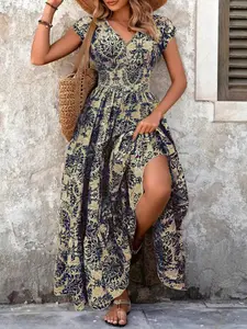 Plus Size Bohemian Paisley Style Dress, Tiered Ruffle Hem, Breathable Slimming Plus Size A Line Dress, Womenswear, Boho, Casual Wear