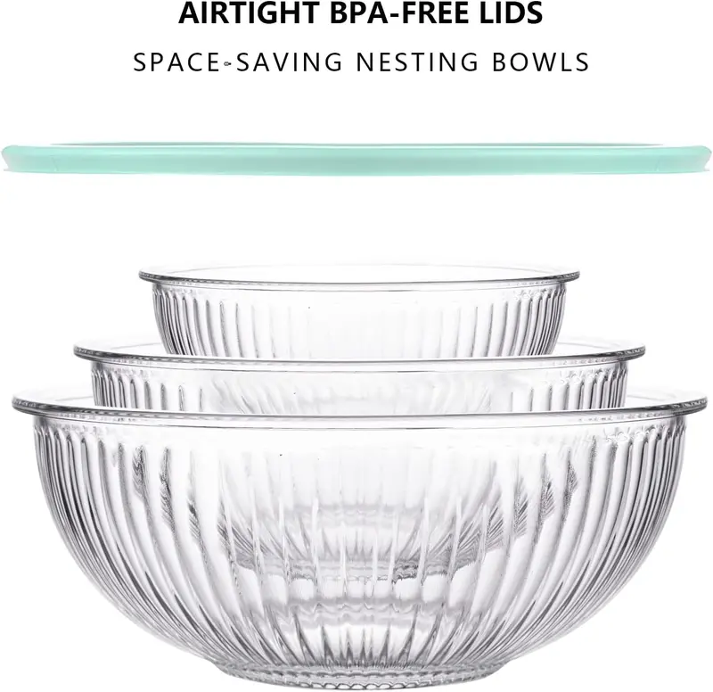 Borosilicate Glass Stackable Mixing Bowls Set - 3-Piece Round Modern Covered Bowls for Cooking, Baking, 1L/2L/3.5L Transparent Ribbed Nesting Kitchen Tableware for Food Storage