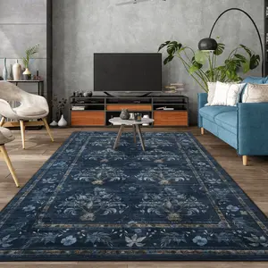 Dark Blue Washable Large Rugs,Faux cashmere Area Rug,Indoor Home Decor Rug,vintage printed carpet,Boho Vintage Distressed Non-Slip Low-Pile Non Slip Carpet for Living Room,Dining Room,Office, 5x8ft,6x9ft