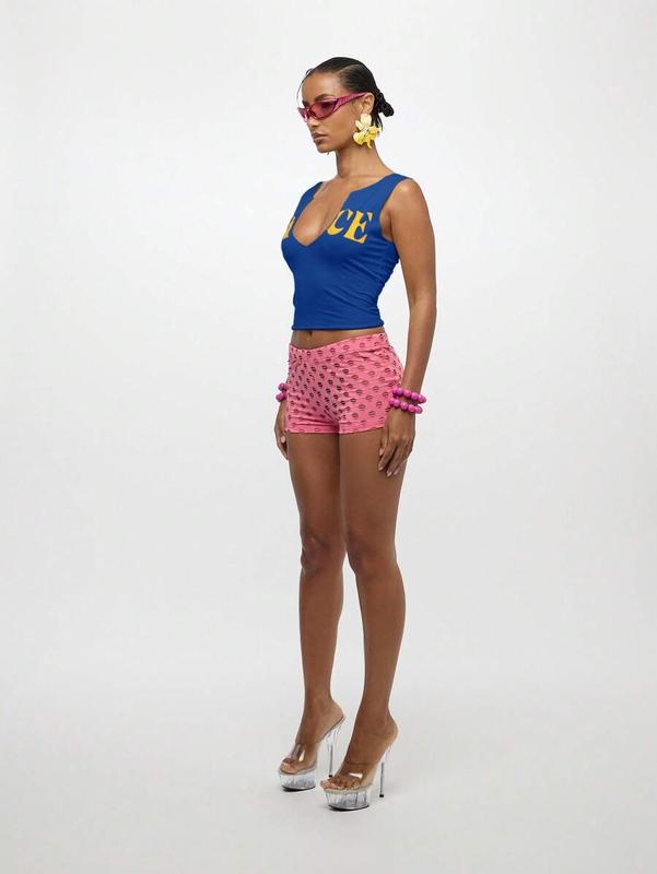 WOMEN Notch Neck Form Fitting Tank Top With Gold Lettering Crop Length Summer Festival Club Party Evening Casual Fashion Design Front Cut Out Sleeveless