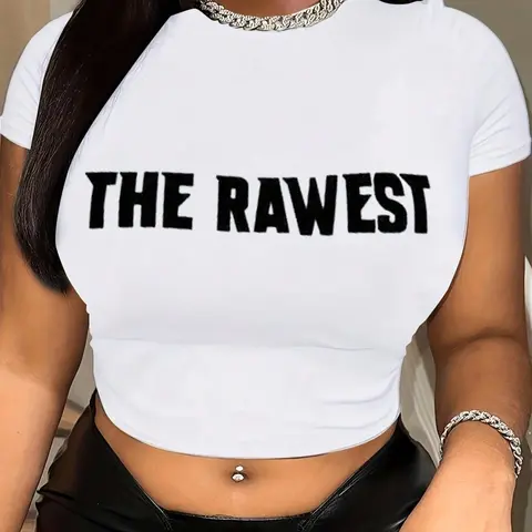 Women's Statement Letter Print Round Neck Crop Tee Jersey Top, Casual Slim-fitting Short Sleeve T-shirt, Casual Cropped Tee, Ladies Summer Everyday Clothes for Daily Wear Letter Printed Tee Womenswear