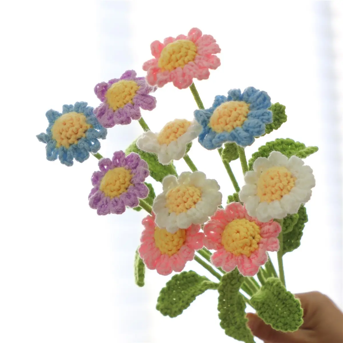 10-Piece Handmade Sunflower Daisy Crochet Flower Bouquet, Polyester Floral Design Home and Car Decor, Perfect for Holidays and Special Occasions, Artificial Flower Set, Decorative Artificial Flowers, Artificial Flower Decorations