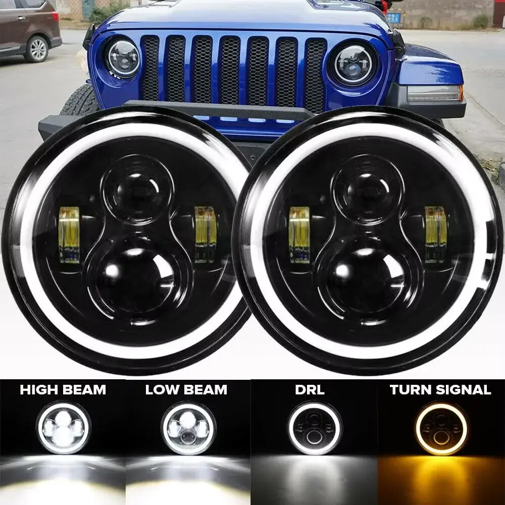 7Inch LED Headlight White Halo Angle Eyes Led HeadlampHi/Low Turn Signal for Urban 4x4 Suzuki Samurai Off Road