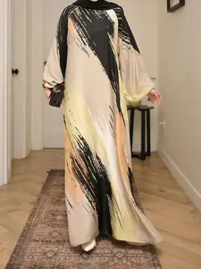 New Summer-Autumn Watercolor Print Long Robe for Women, Loose Fit Slimming Dubai Turkish Abaya Muslim Dress, Ideal for Daily Commute, Dates, Parties