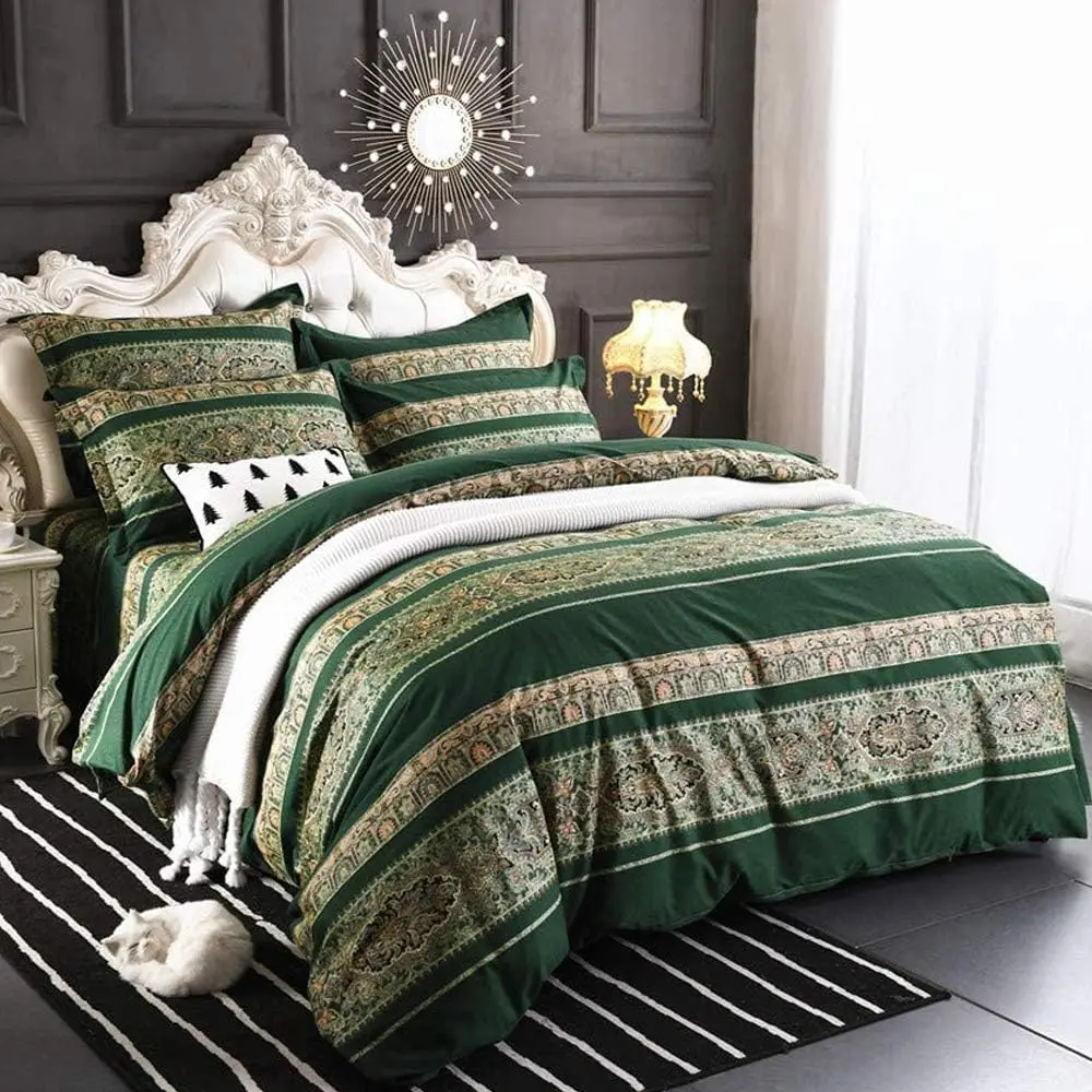 Bohemian Vintage Queen Size Floral Cotton Bedding Set 3Pcs Duvet Cover Set Boho Green Paisley 100% Egyptian Brushed Cotton Reversible Home Bedding Collection