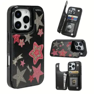 StarsCase with black and pink flap, for iPhone 17 PRO MAX and iPhone 16 15 14 13 12 11 PRO MAX PLUS and iPhone 16E 17 AIR Series Mobile Phone Case. Including credit card and key slots, mobile phone case with wallet