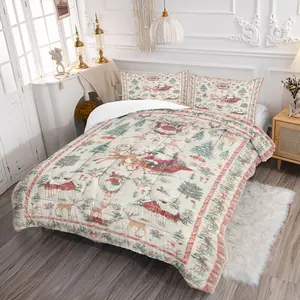 Christmas Santa Sleigh Reindeer Comforter Set, Festive Bedding Set with Holly Trees & Snowy Houses, Whimsical Holiday Bedroom Decor, Warm Breathable for Xmas Theme Room, with 1 or 2 Pillowcase No Pillow Core