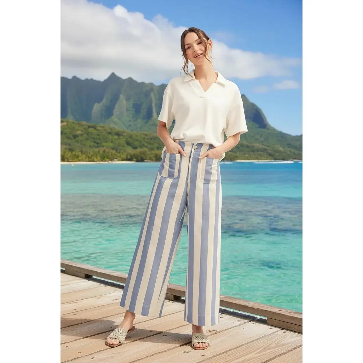 Jodifl High Waist Wide Leg Bold Stripe Front Patch Pocket Trousers, Polyester, High Waisted, Bottoms, Soft, Fabric, Pants