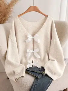 Plus Size Women's Fashion Bow Accent Comfortable Versatile Knitted Sweater Knitwear For Autumn/Winter