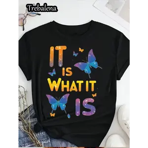[100% Cotton] Plus Size Women'S   T-Shirt - Colorful Butterfly Graphic & "It Is What It Is" Inspirational Quote, Casual Short Sleeve Round Neck Top For Spring Summer Fall, Mother'S Day Juneteenth Gift, Ladies T Shirts Golf Gift T-Shirt For Men And Women