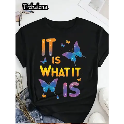 [100% Cotton] Plus Size Women'S   T-Shirt - Colorful Butterfly Graphic & "It Is What It Is" Inspirational Quote, Casual Short Sleeve Round Neck Top For Spring Summer Fall, Mother'S Day Juneteenth Gift, Ladies T Shirts Golf Gift T-Shirt For Men And Women