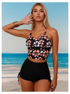 Printed Swimsuit Set Women - Adjustable Strap Bikini with Shorts - Drawstring Beach Swimwear for Teens & Adults - Two Piece Bathing Suit