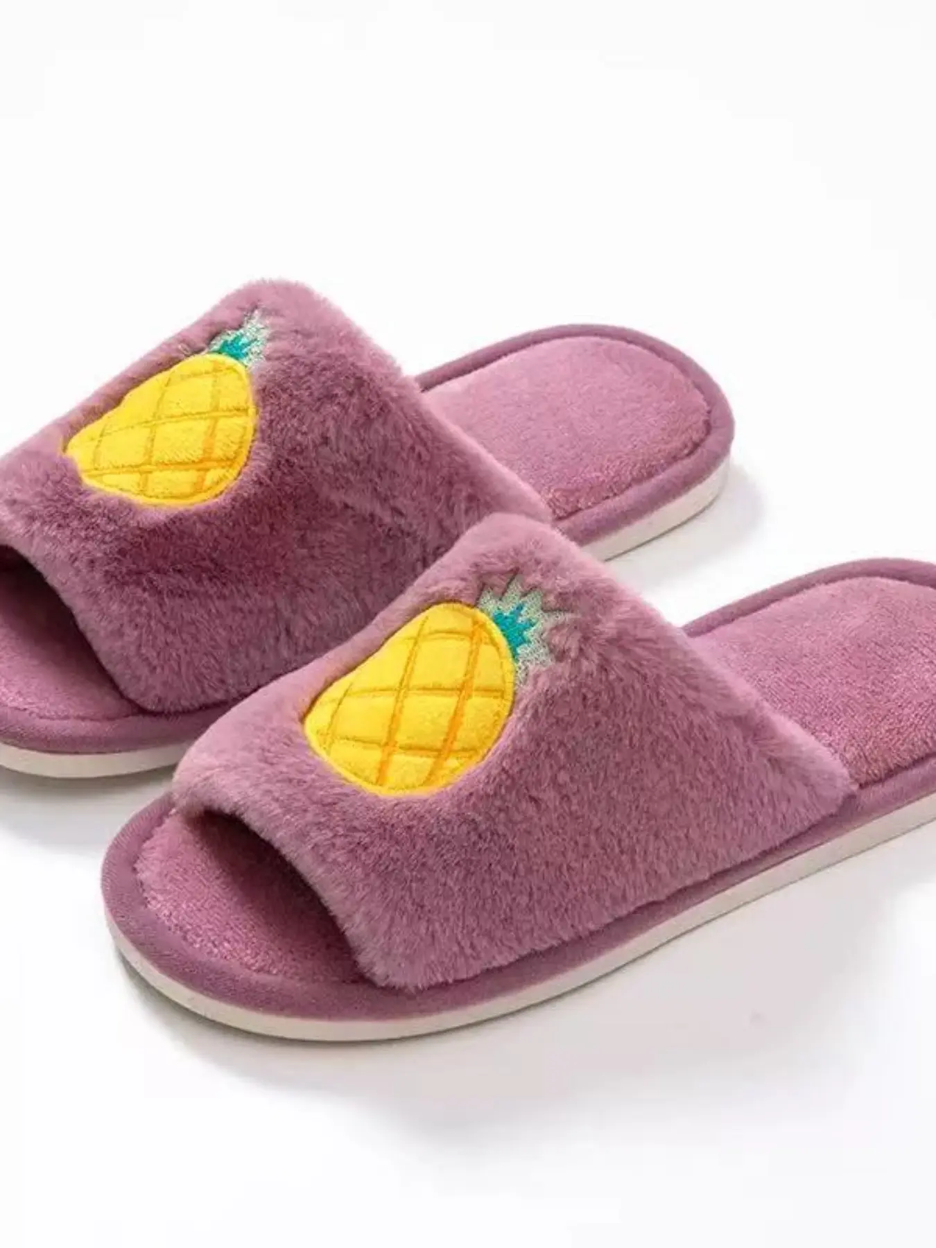 Women's Open Toe Embroidered Strawberry Watermelon Fruit Slippers, Faux Rabbit Fur Home Floor Shoes, Comfortable Indoor Footwear