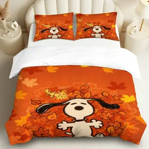 3PCS Duvet Cover Set, 1 Duvet+2 Pillowcases(Without filler), Autumn Leaves Dog Relaxing theme, Christmas bedding set,  Cozy Cute Comfortable Bedding Suitable for decoration bedroom living room guest room dormitory, Machine Washable Duvet