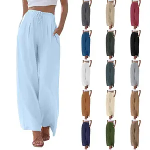 Women’s Linen Loose Casual Wide-Leg Pants with Drawstring and Pockets