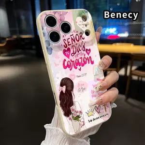 Straight Edge Phone Case for iPhone 17 15 16 14 Pro Max 13 12 11 XR XS Plus Air E Colorful Girl Pattern Anti-Scratch Shockproof Soft Liquid Silicone Protective Cover Smartphone Casing