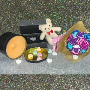 The Sweet Heart Box with handmade necklace, handmade candle, handmade light up glitter rose bouquet, teddy bear, and conversation hearts