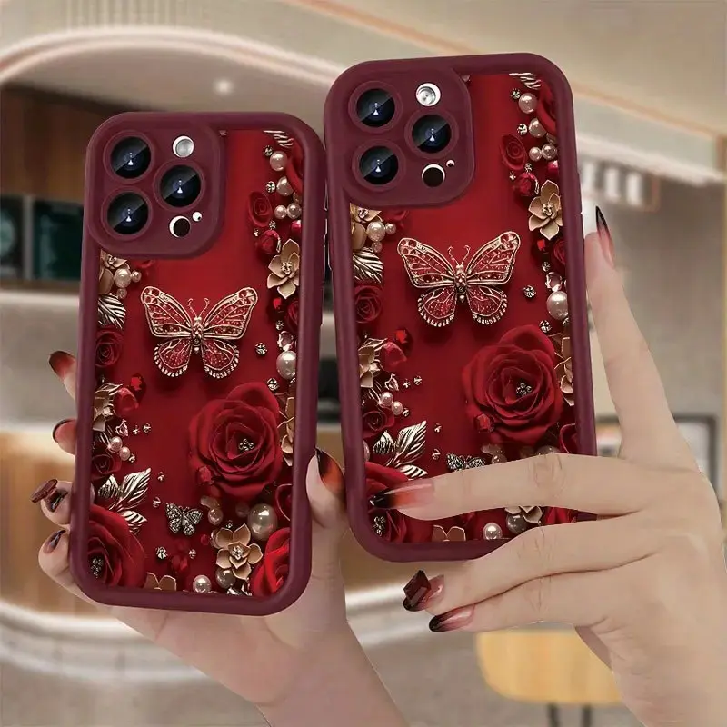 Red Flexible TPU Smartphone Case - 2D Floral Rose Flower Print, Shockproof Protection Cellphone Accessory for  iPhone 18 17 E Air 16 15 14 Pro Max Plus 13 12 Mini 11 X XS XR