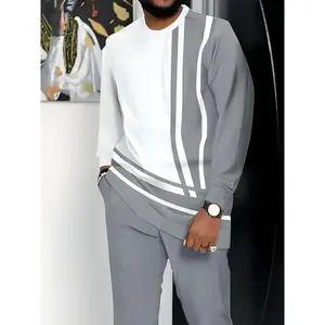 European and American Men's fashion long-sleeved trouser suit, classic simple white and gray two-color stitching print graphic print design, Men's breathable skin-friendly long-sleeved trouser suit