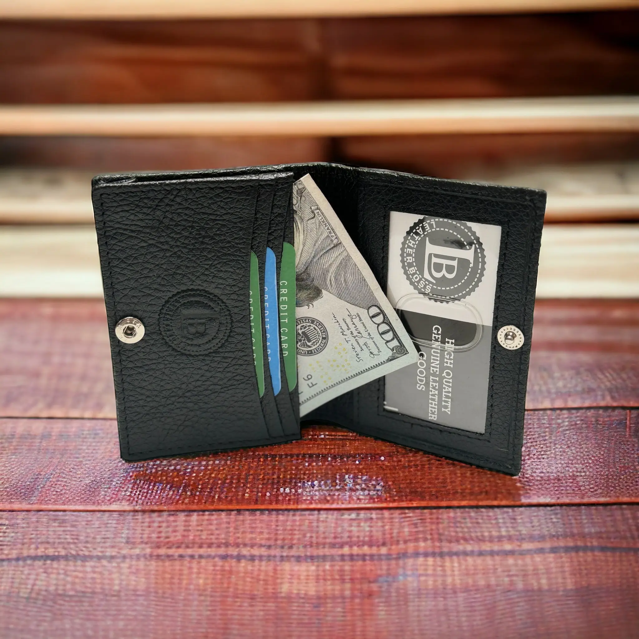 Leatherboss Leather Mens Wallet Card Case with Expandable Pocket and Snap Closure for Travel Passport Organization